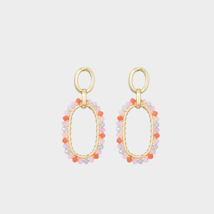 Oorhangers Ella goudkleurig met lila, roze en oranje kraaltjes